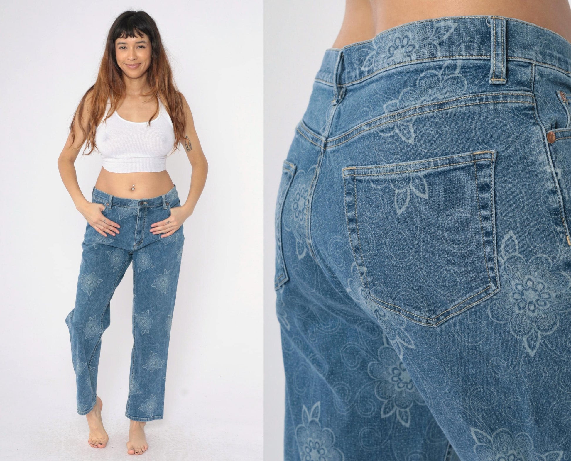 Y2K High Sierra Floral Blue Jeans Straight Leg High Rise 00s Large 14