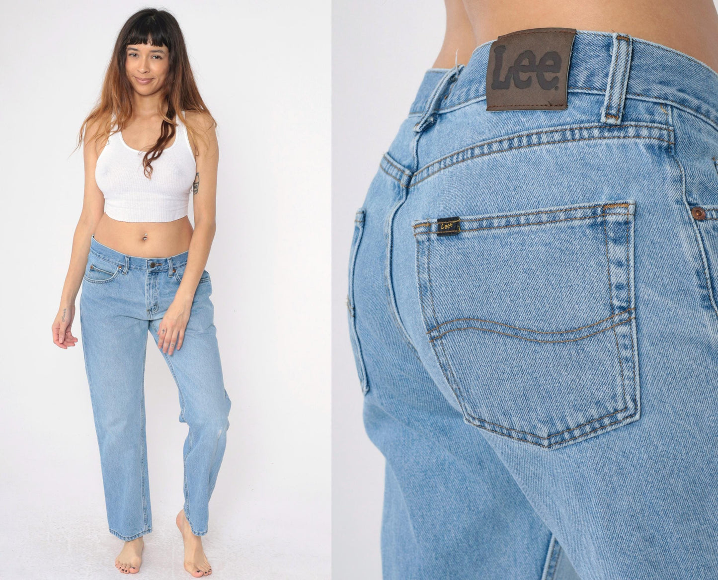 90s Lee Jeans Men's 33x30 High Waist Straight Leg Knee Rip Blue Denim