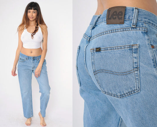 90s Lee Jeans Men's 33x30 High Waist Straight Leg Knee Rip Blue Denim