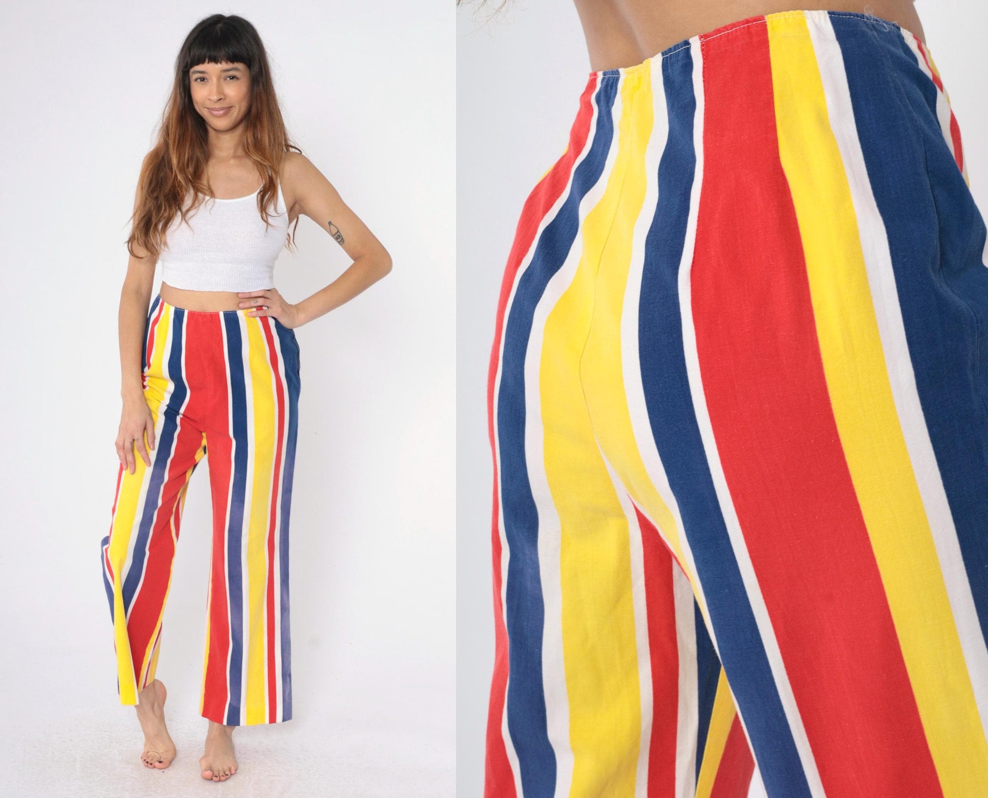 1960s Striped Bell Bottom Pants High Waist Yellow Red Blue Medium