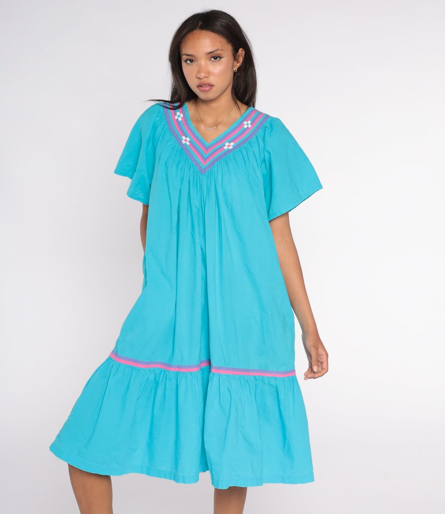 90s Turquoise Cotton Midi Dress Pink Purple Trim Trapeze Tiered Medium M