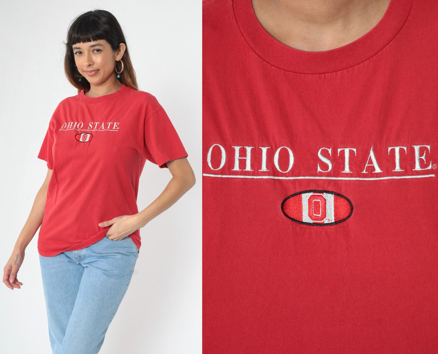 90s Ohio State Buckeyes Football Embroidered T-Shirt Red Medium