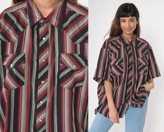 90s Rustler by Wrangler Western Shirt Pearl Snap Red Grey Black Striped Plus Size 3XL