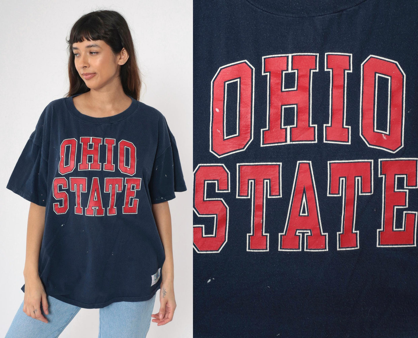 90s Ohio State Buckeyes Football Graphic T-Shirt Navy Distressed Cotton XXL