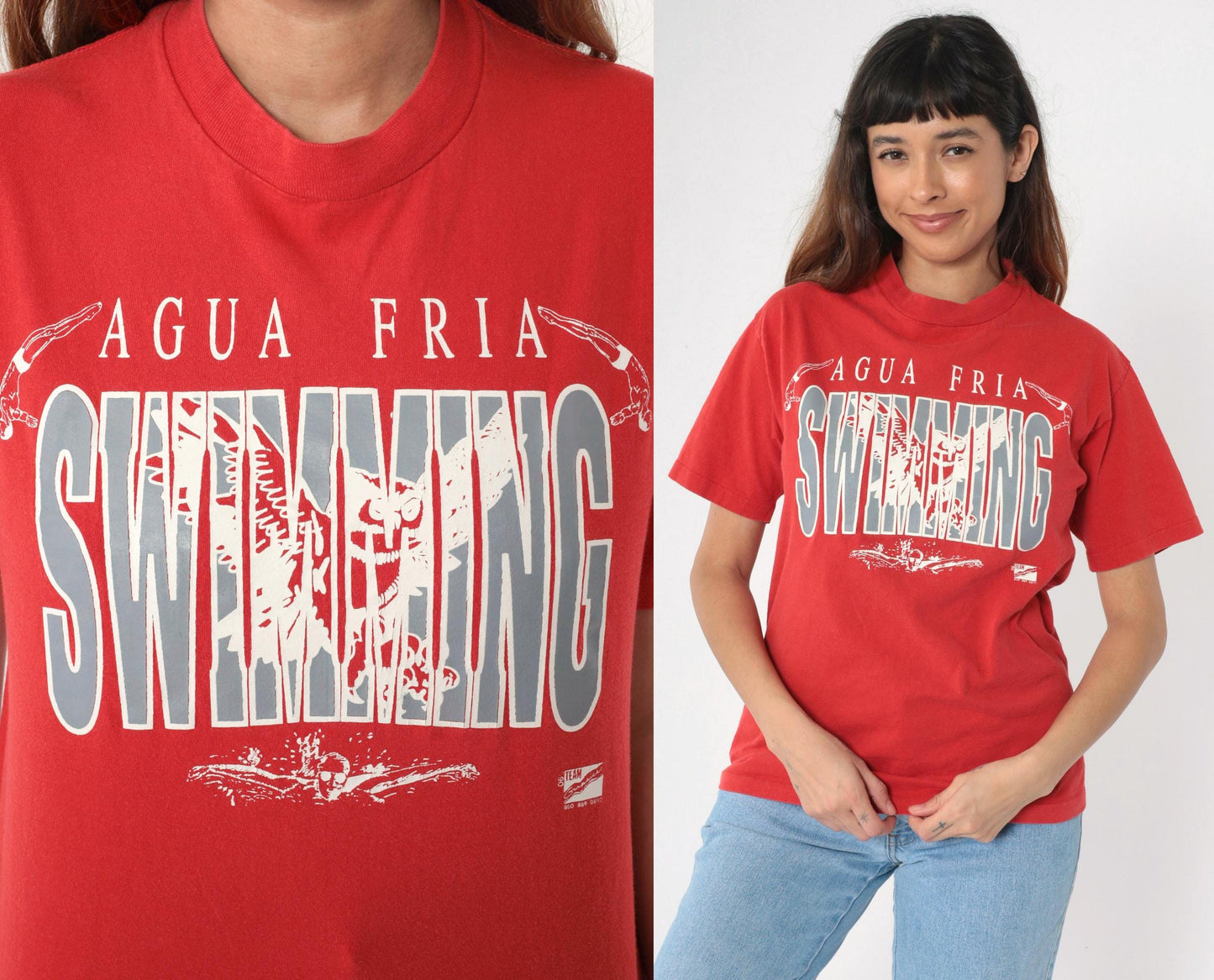 90s Agua Fria Swimming Owl Graphic T-Shirt Red Cotton Tee Medium M