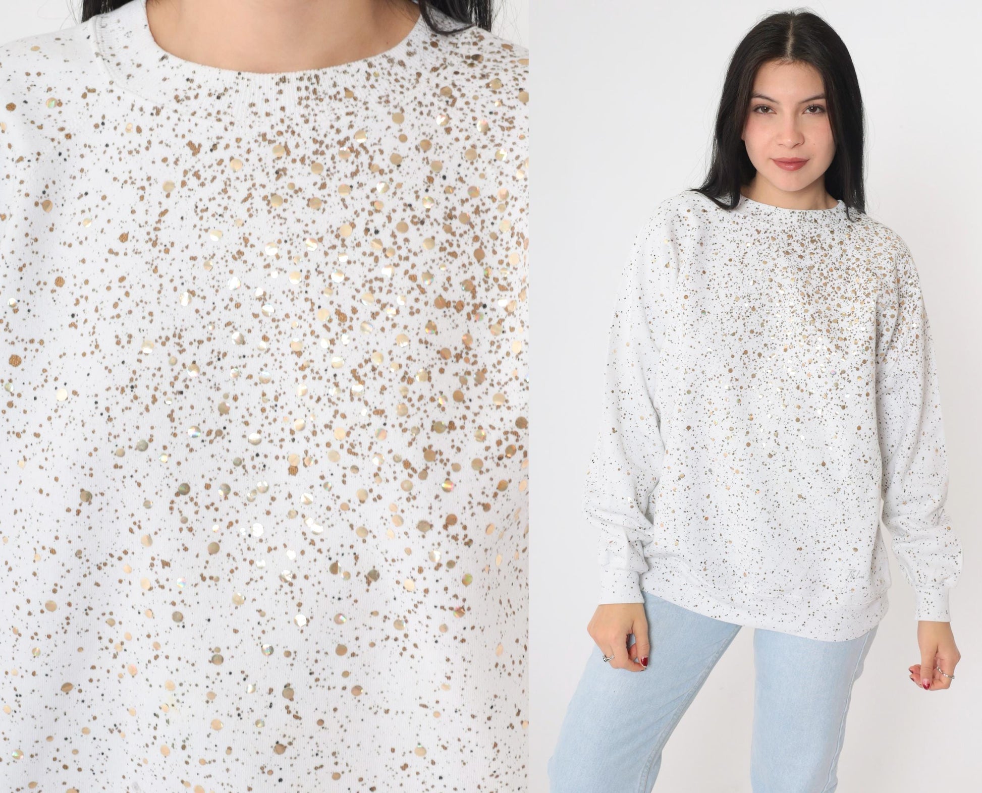 90s White Sweatshirt Gold Sequin Paint Splatter Metallic Graphic Medium