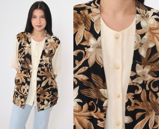 90s Alfred Dunner Floral Vest Blouse Cream Button Up Short Sleeve Large 14