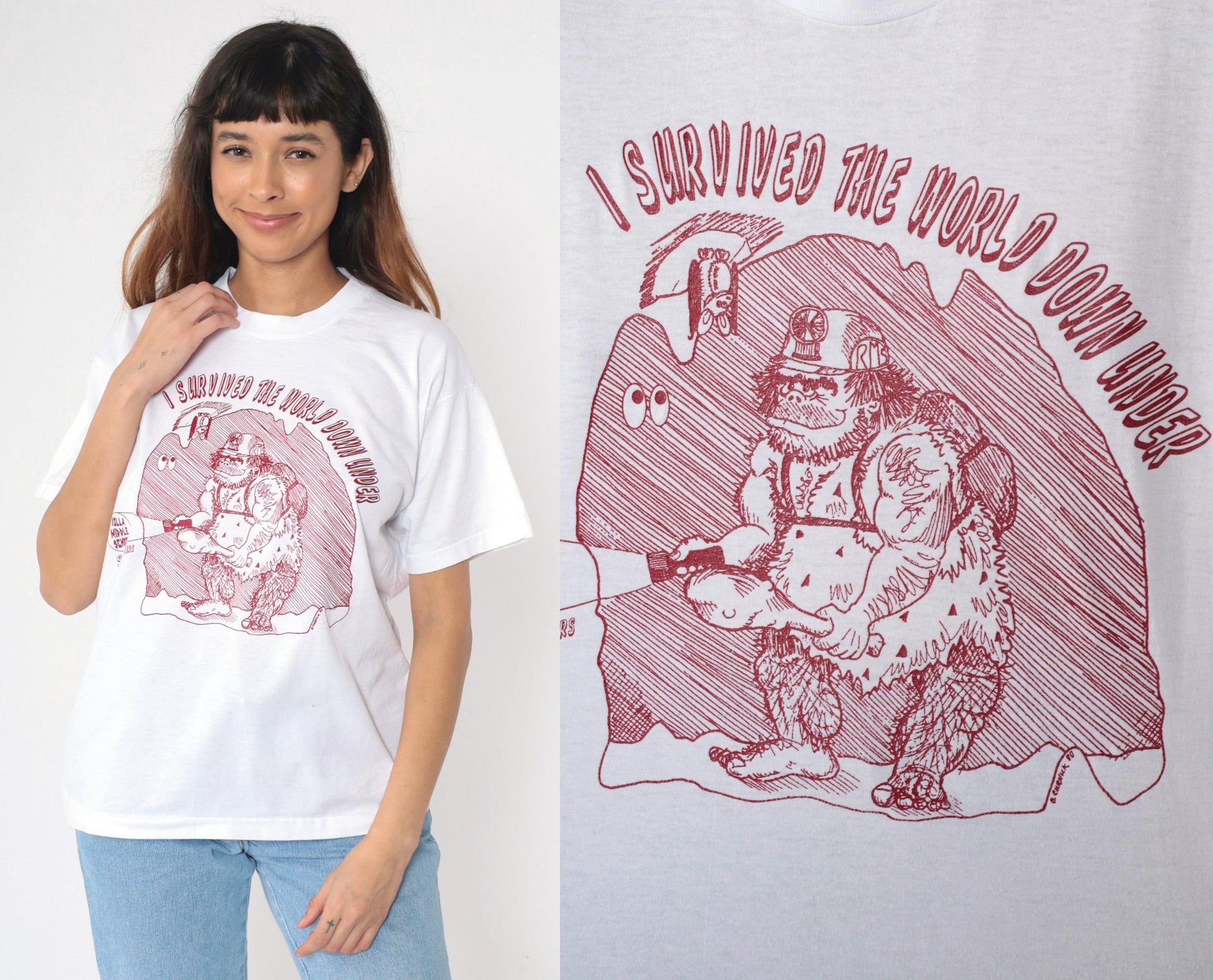 90s Rolla Middle School Spelunkers Graphic T-Shirt White Caveman Tee Large