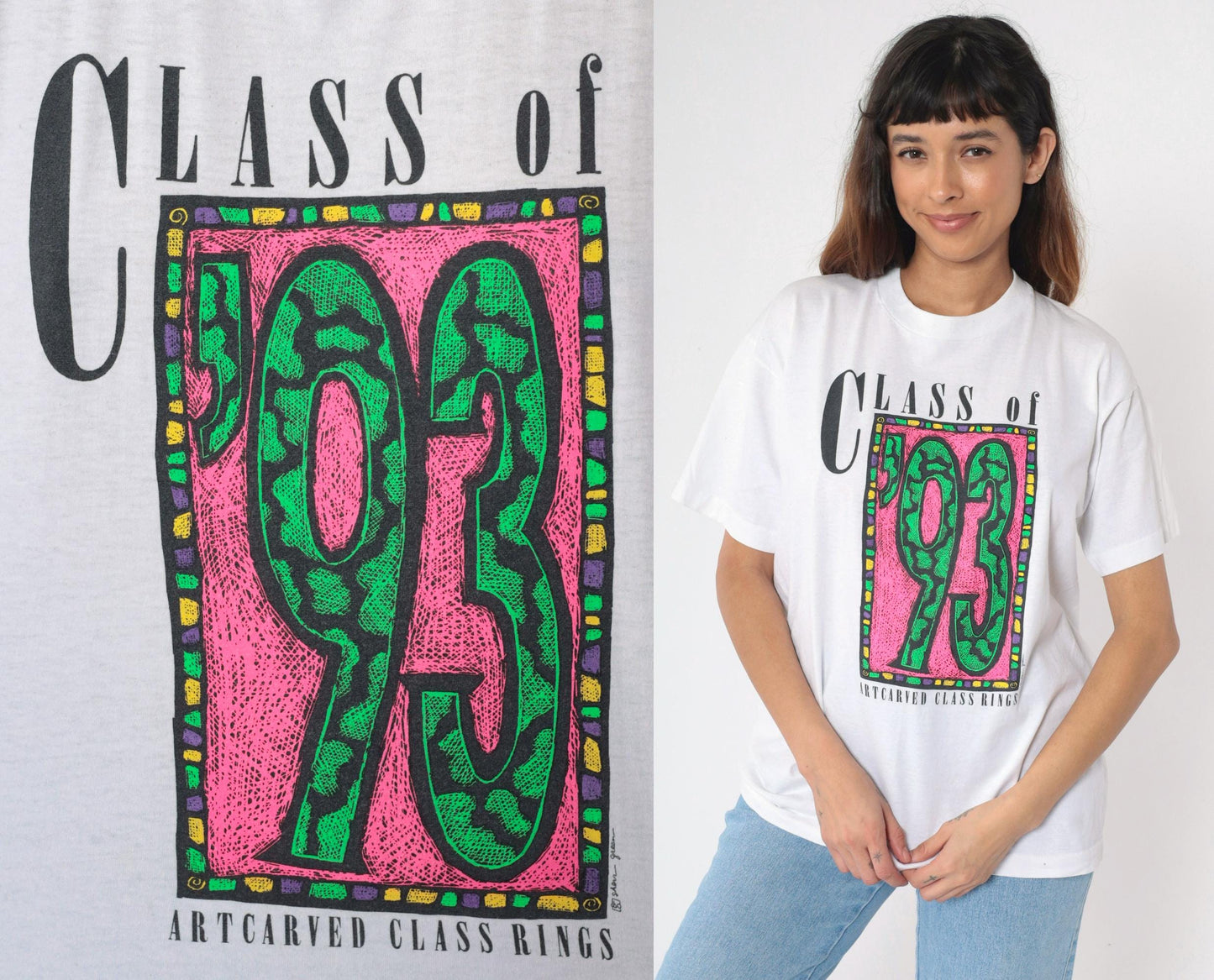 90s Class of '93 Graduation Graphic T-Shirt Neon White Screen Stars Extra Large XL