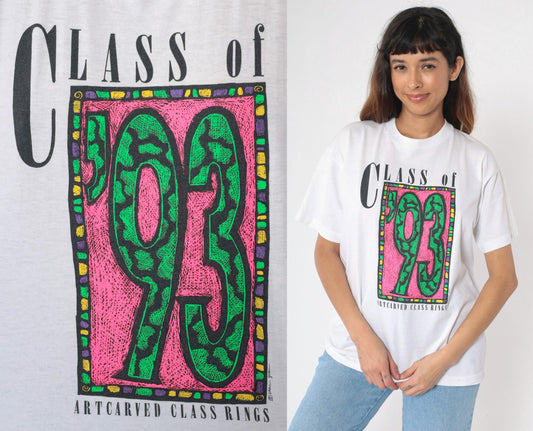 90s Class of '93 Graduation Graphic T-Shirt Neon White Screen Stars Extra Large XL