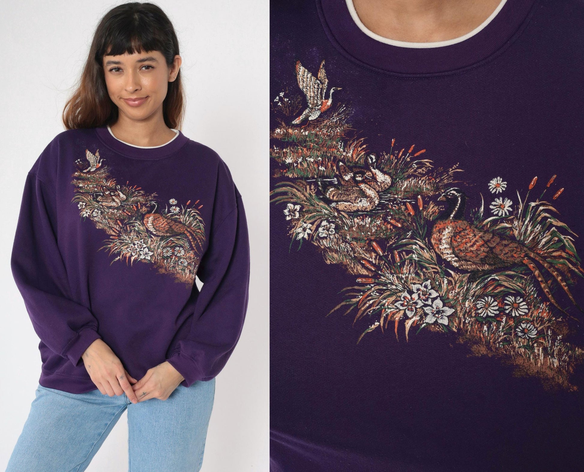 90s Duck Pheasant Waterfowl Graphic Sweatshirt Blue Crewneck Large