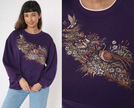 90s Duck Pheasant Waterfowl Graphic Sweatshirt Blue Crewneck Large