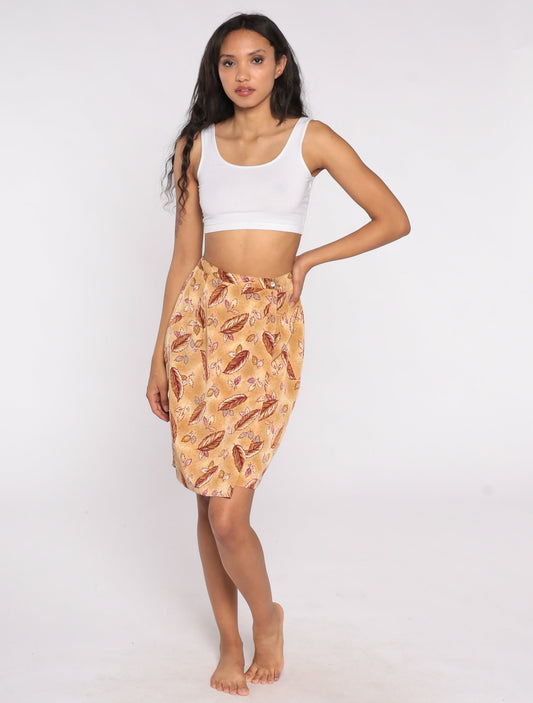80s Leaf Print Pencil Skirt High Waist Mini Tan Brown Small