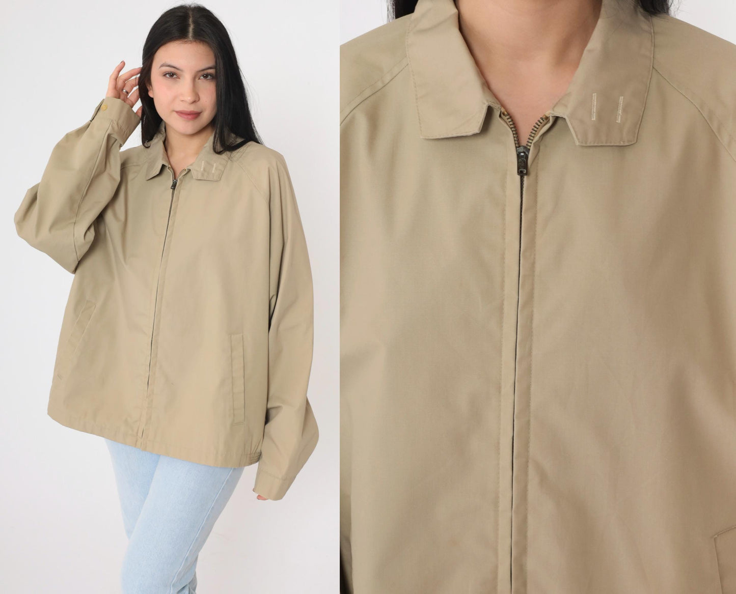 80s Khaki Windbreaker Jacket Zip Up Raglan Sleeve Men's Extra Large XL