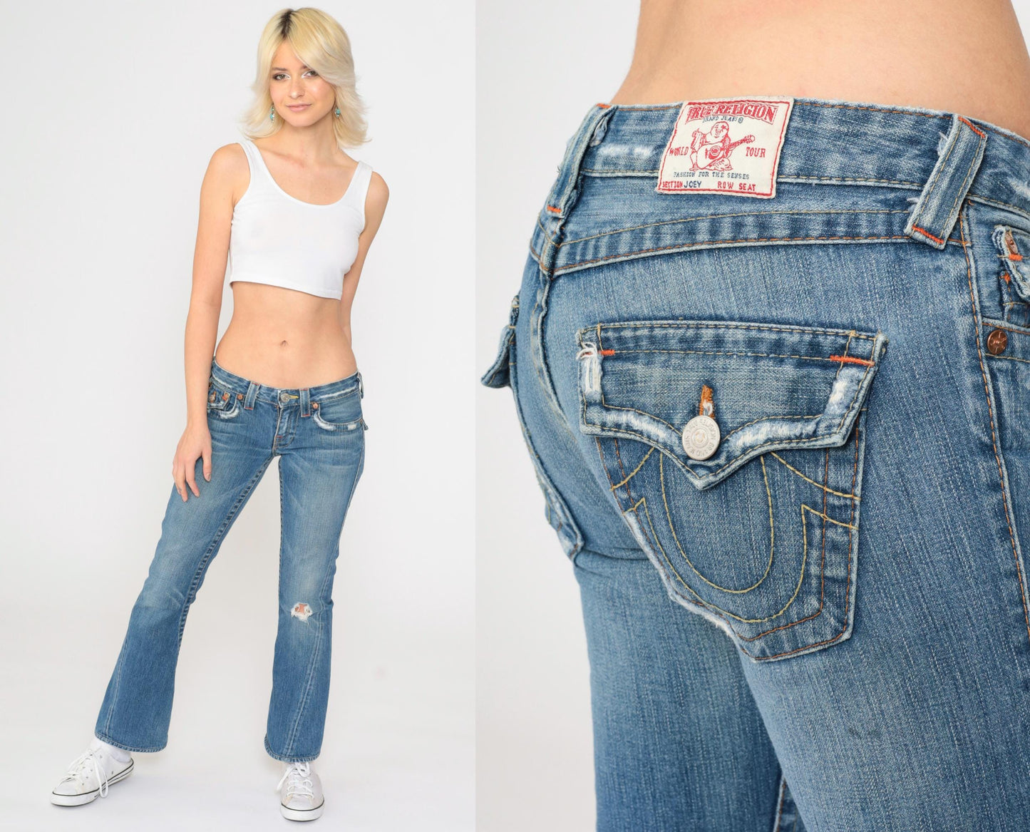 Y2K True Religion Distressed Low Rise Bootcut Jeans Blue Denim Extra Small