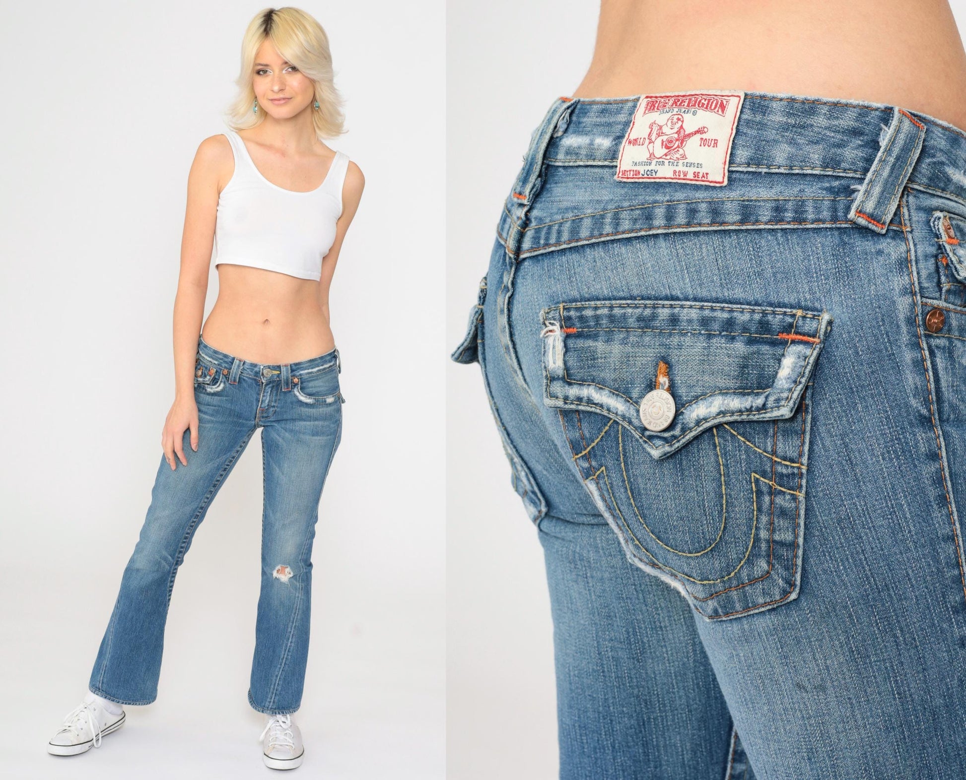 Y2K True Religion Distressed Low Rise Bootcut Jeans Blue Denim Extra Small