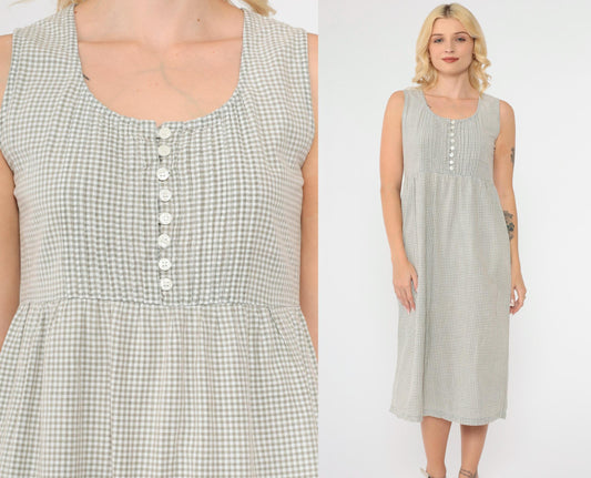 90s Taupe Gingham Jumper Dress Button Front Midi Sleeveless Small Petite