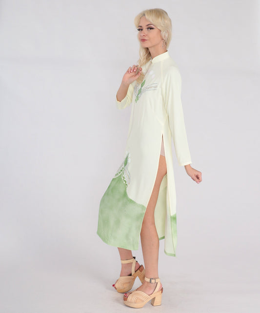 90s Vietnamese Ao Dai Midi Dress Light Yellow Mandarin Collar Long Sleeve Medium M