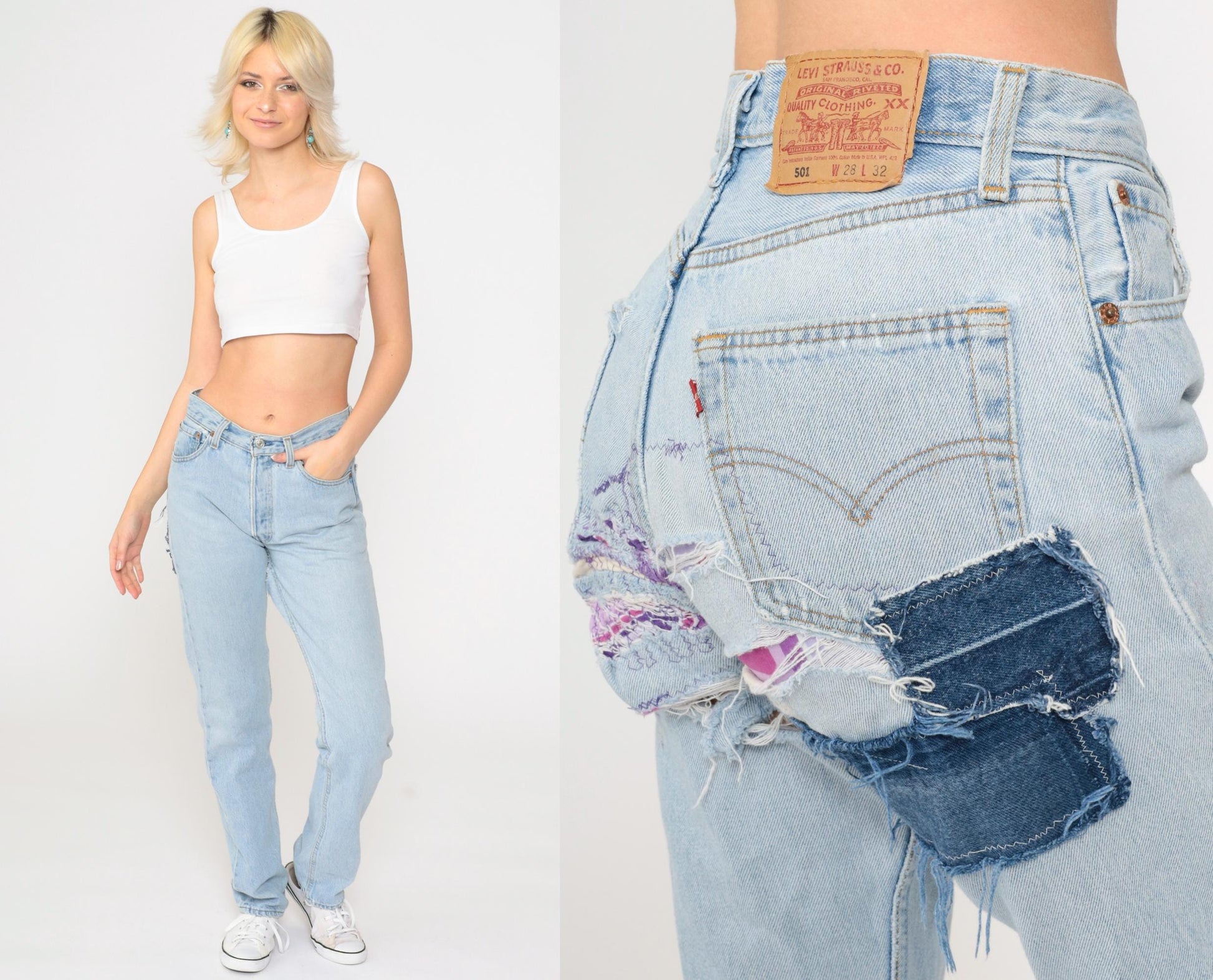 90s Levi's 501 Straight Leg Jeans Blue Distressed Ripped Patches Small W28 L32