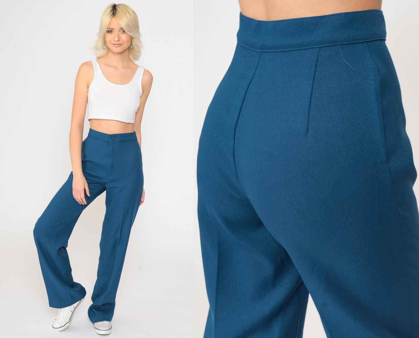 70s High-Rise Straight Leg Trousers Blue Polyester Small S