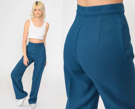 70s High-Rise Straight Leg Trousers Blue Polyester Small S