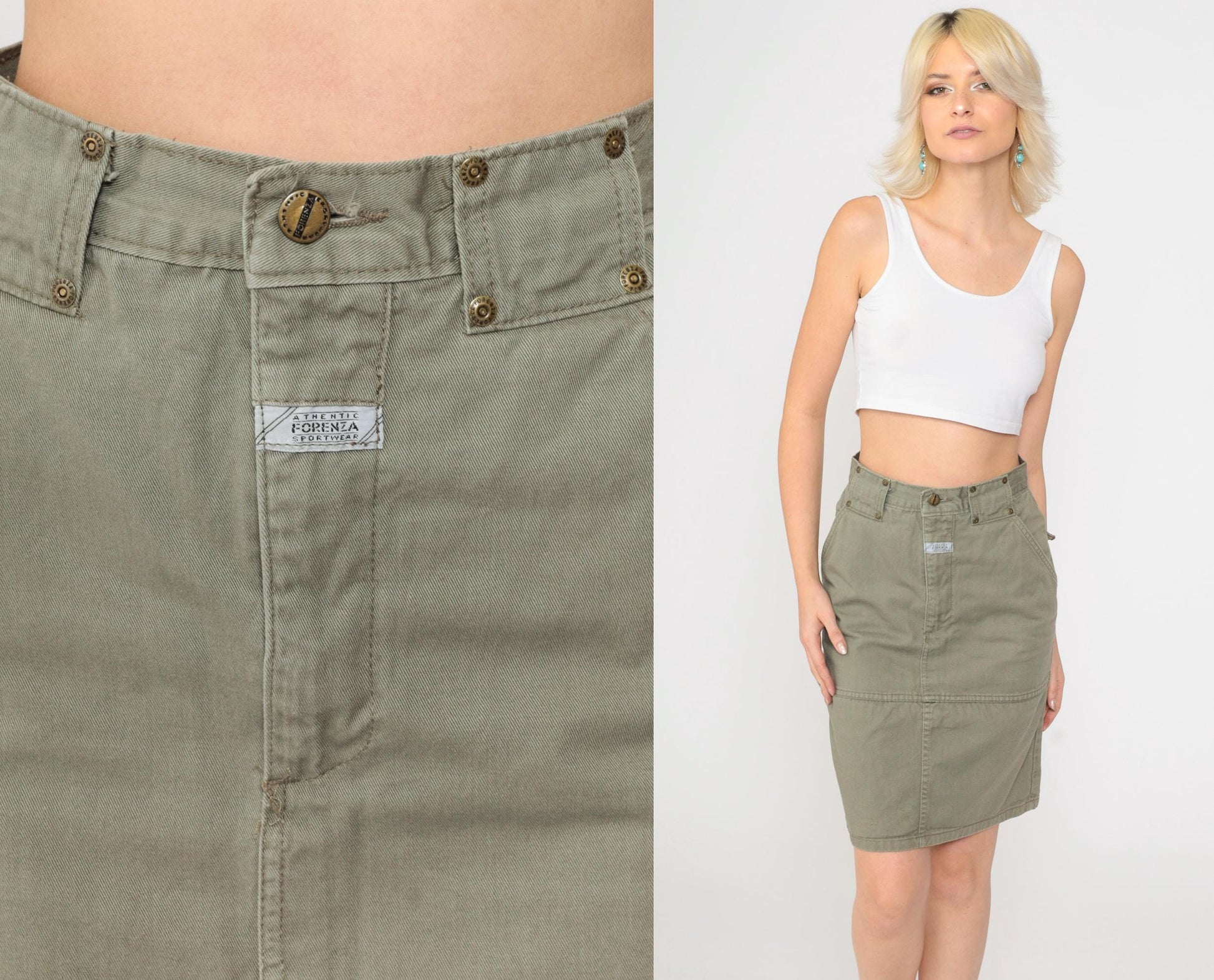 90s Forenza Olive Cargo Mini Skirt High Waist Cotton Utility Small 4