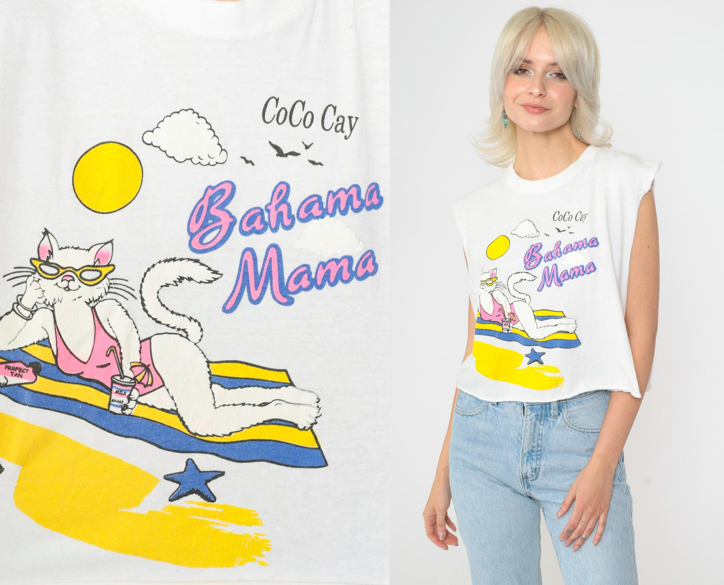 90s Bahama Mama Beach Cat Graphic Tank Top Cutoff Cotton Large L