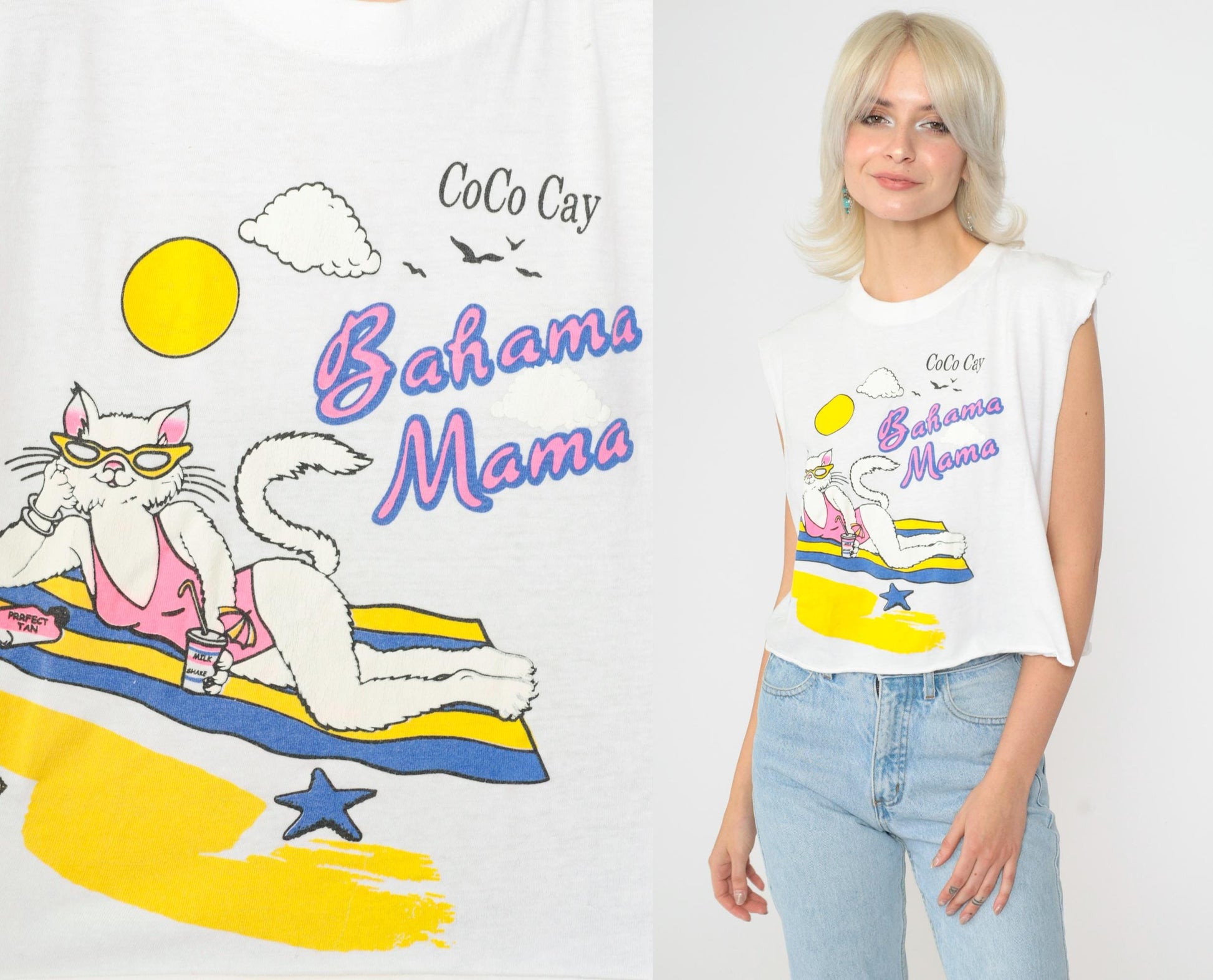 90s Bahama Mama Beach Cat Graphic Tank Top Cutoff Cotton Large L