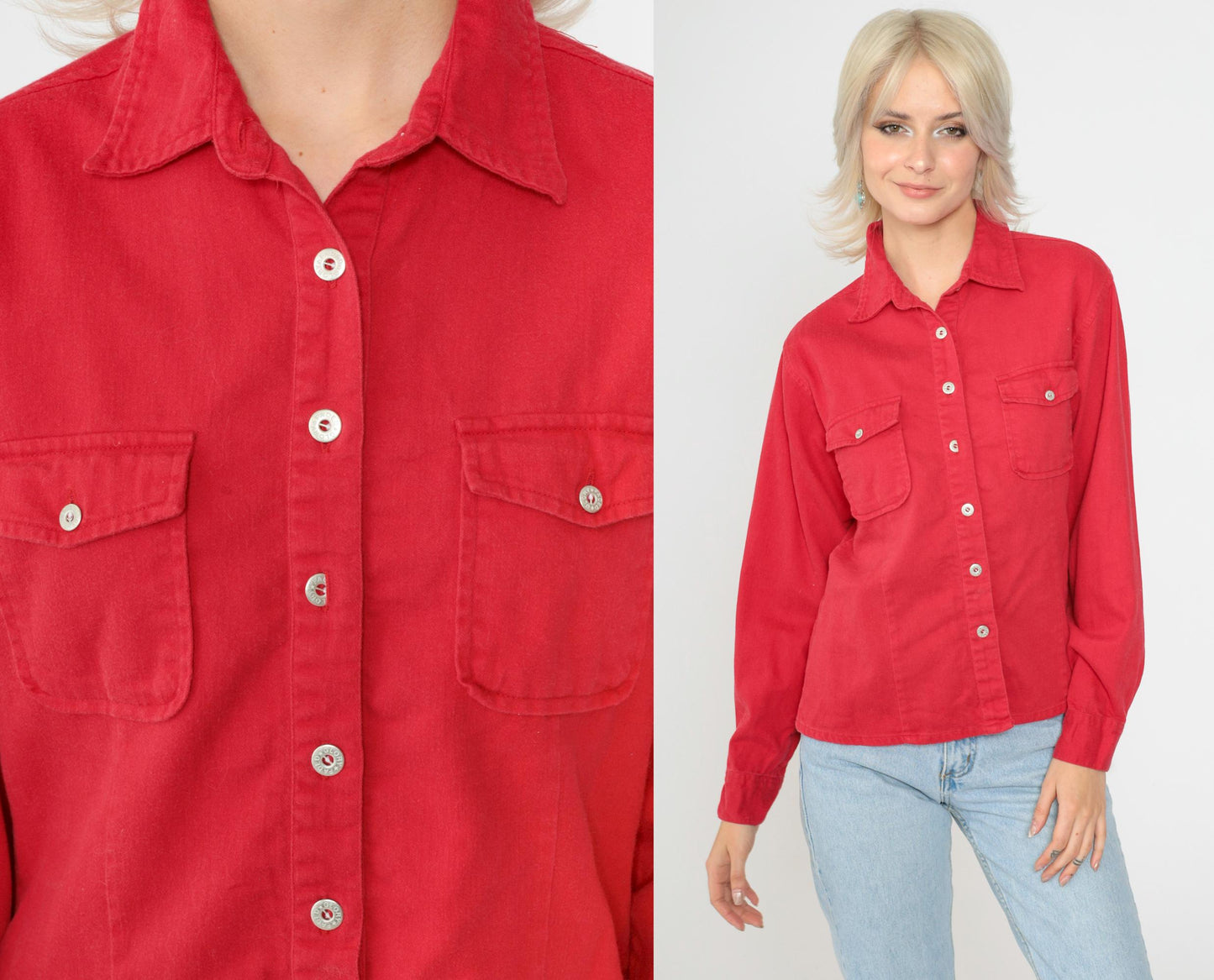 90s Faded Glory Red Button Up Shirt Long Sleeve Chest Pocket Medium