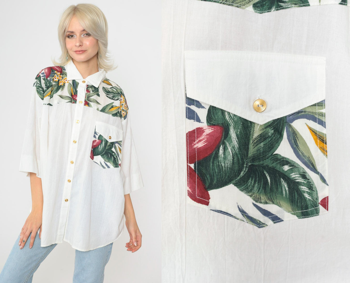 90s Tropical Floral Button Up Shirt White Yoke Pocket 3/4 Sleeve Plus Size XXL