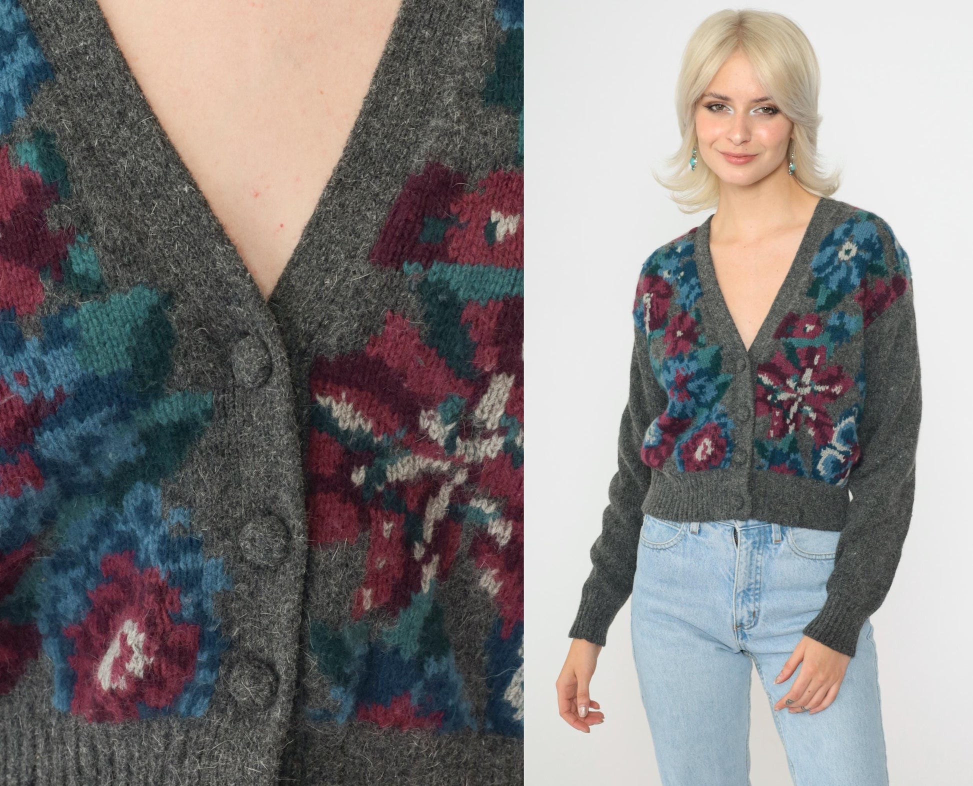 90s J.H Collectibles Wool Cardigan Grey Floral Cropped Angora Knit Small
