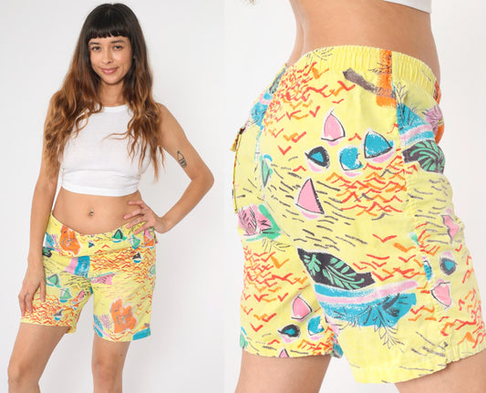 90s Yellow Nautical Abstract Sailboat Shorts High Waist Wide Leg Medium
