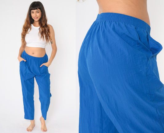 80s Blue Elastic Waist Tapered Trousers Pull-On Medium M
