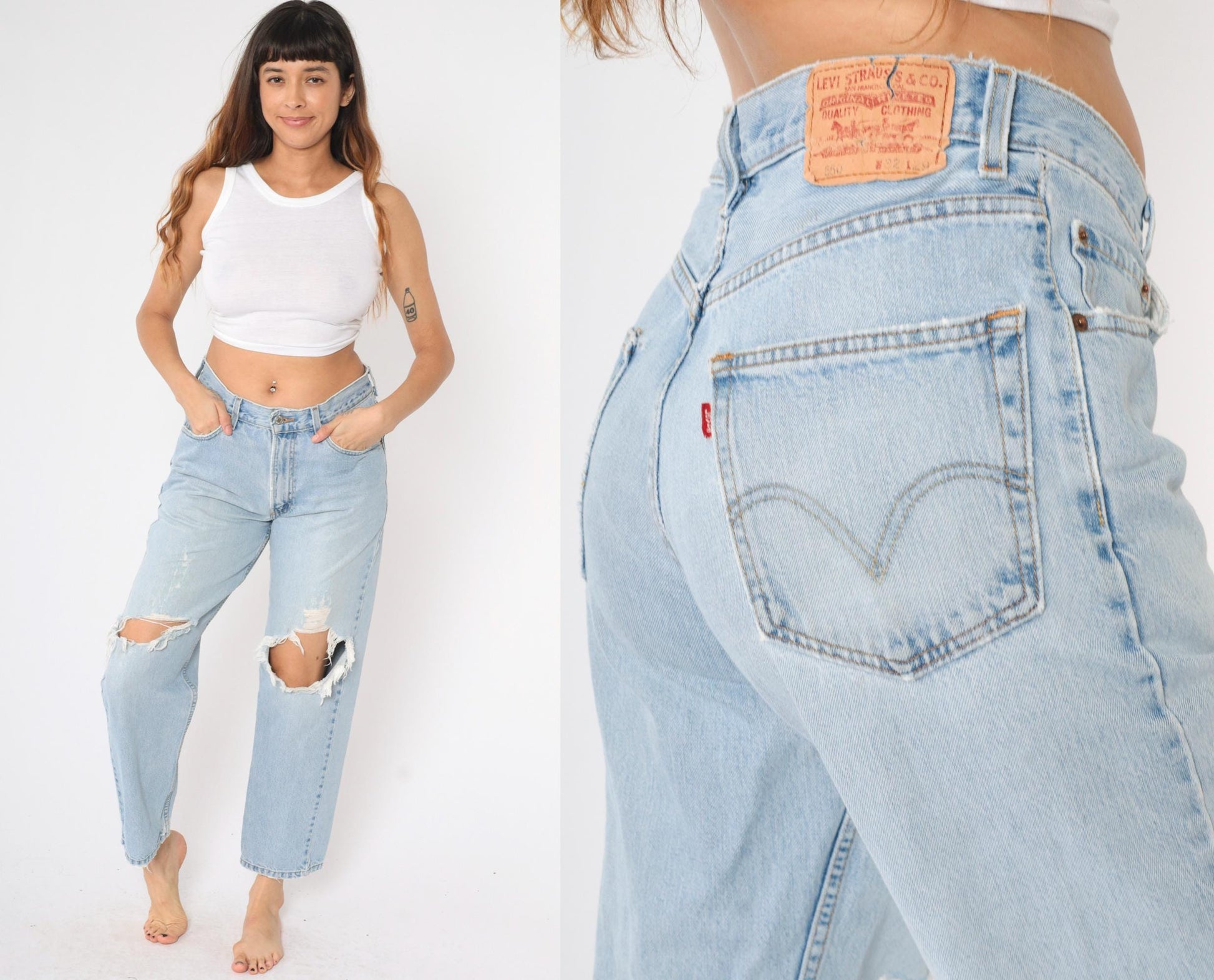 Y2K Levi's 550 Jeans High Rise Straight Leg Ripped Knee Light Wash Blue 32x29