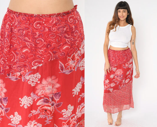 90s Red Floral Paisley Tiered Midi Skirt High Waist Side Zip Medium M