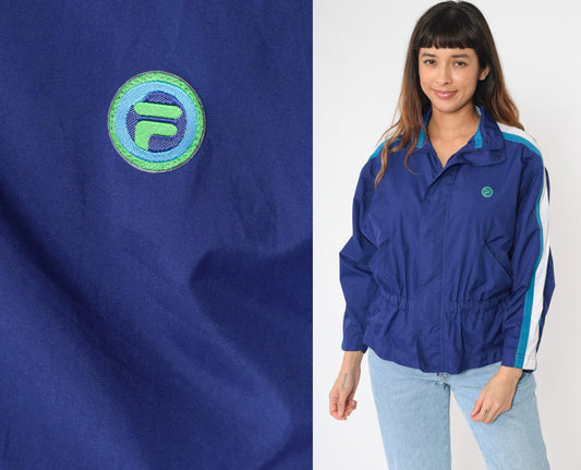 Y2K Fila Blue Striped Windbreaker Jacket Zip-Up Small S