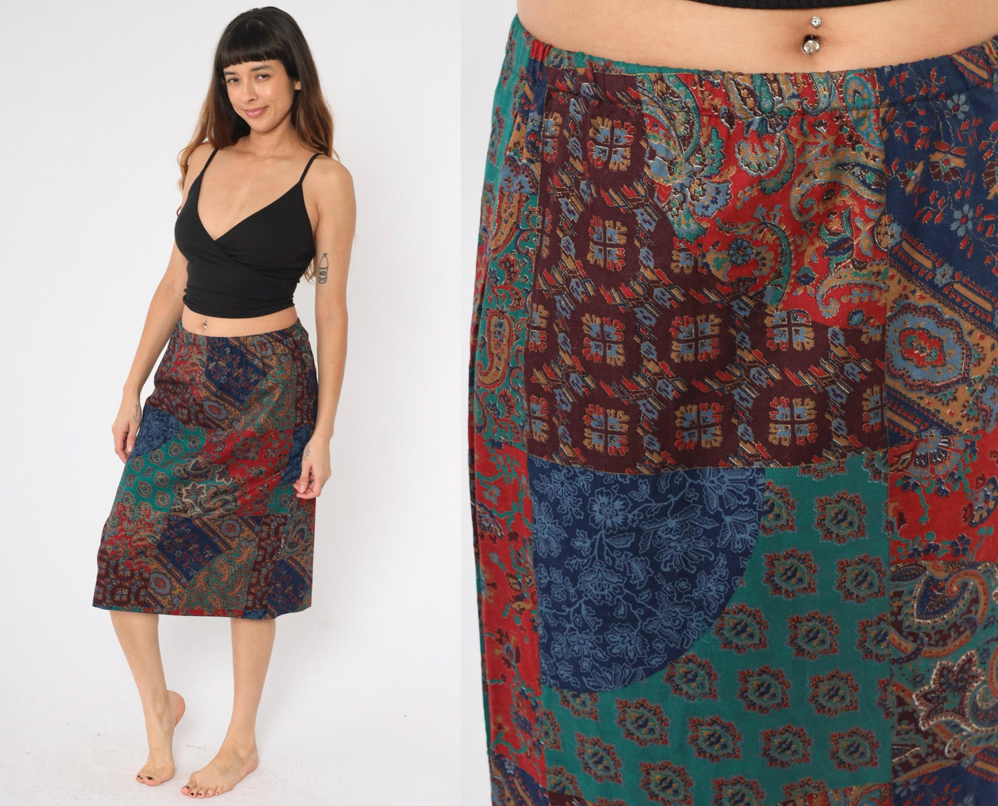 90s Patchwork Paisley Floral Midi Skirt Elastic Waist Medium