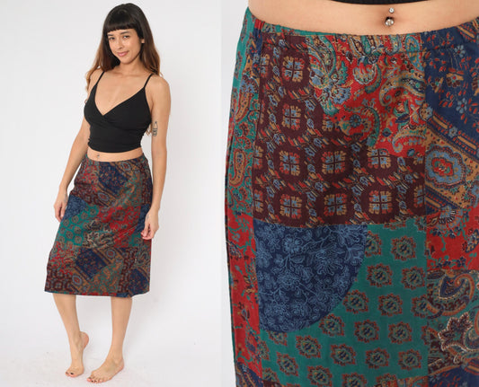 90s Patchwork Paisley Floral Midi Skirt Elastic Waist Medium