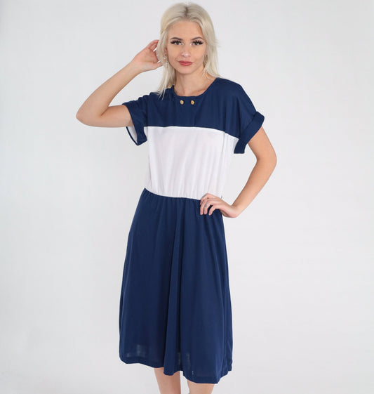 80s Nautical Anchor Button Midi Dress Navy White Color Block Medium Large