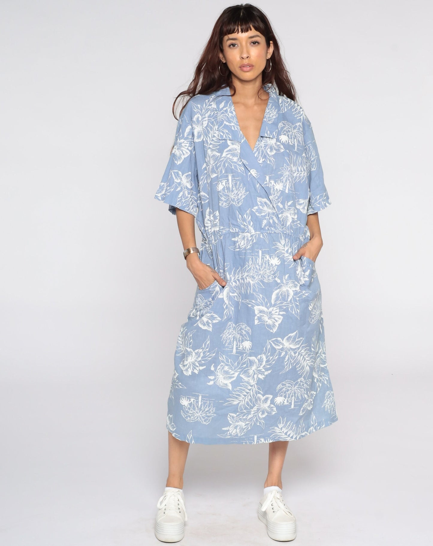 80s Tropical Palm Floral Midi Dress High Waist Wrap Blue Cotton Extra Large