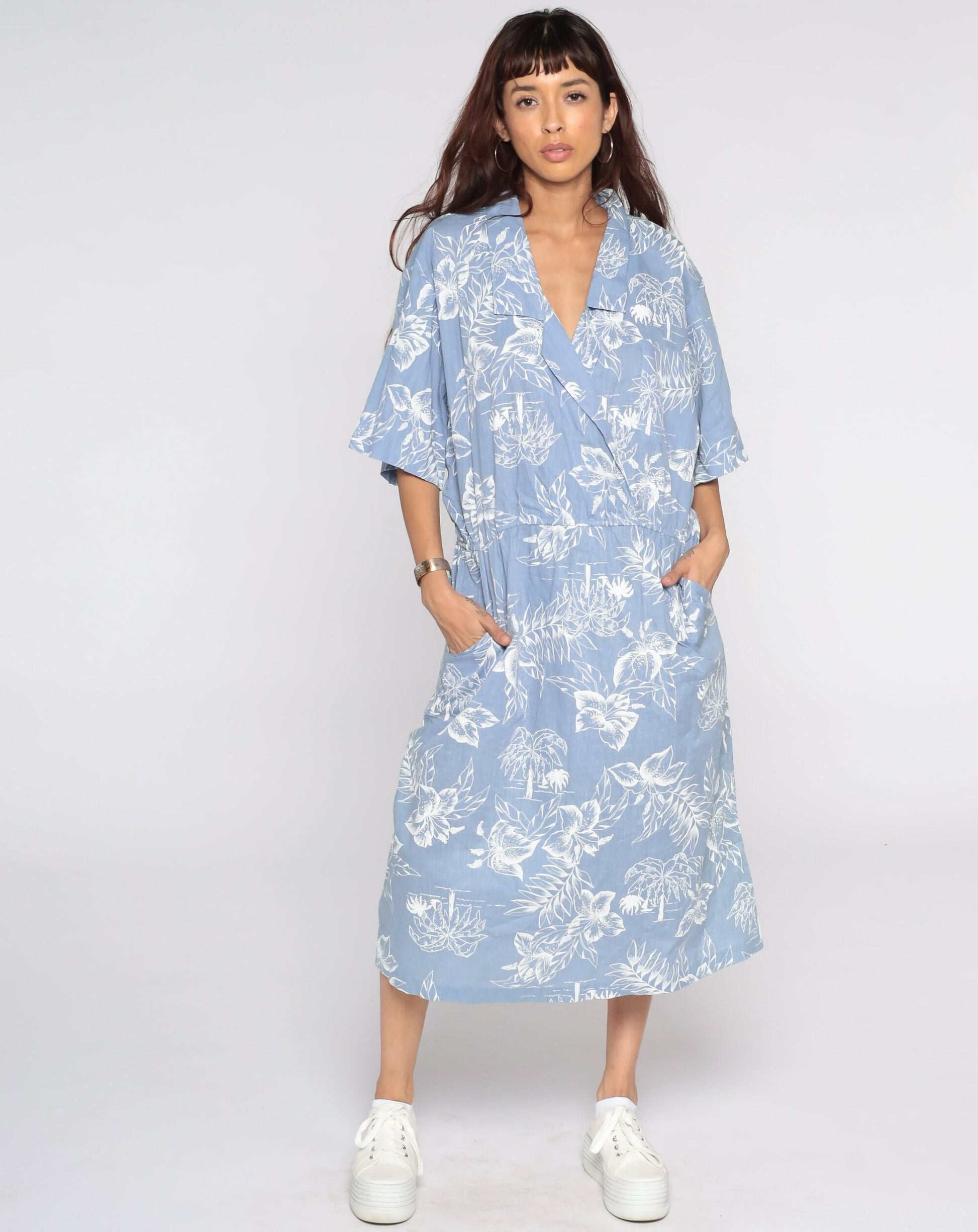 80s Tropical Palm Floral Midi Dress High Waist Wrap Blue Cotton Extra Large