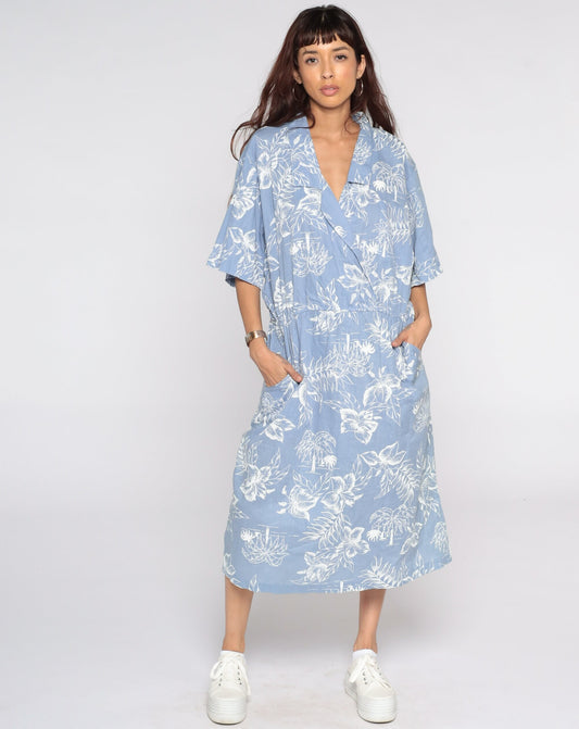 80s Tropical Palm Floral Midi Dress High Waist Wrap Blue Cotton Extra Large