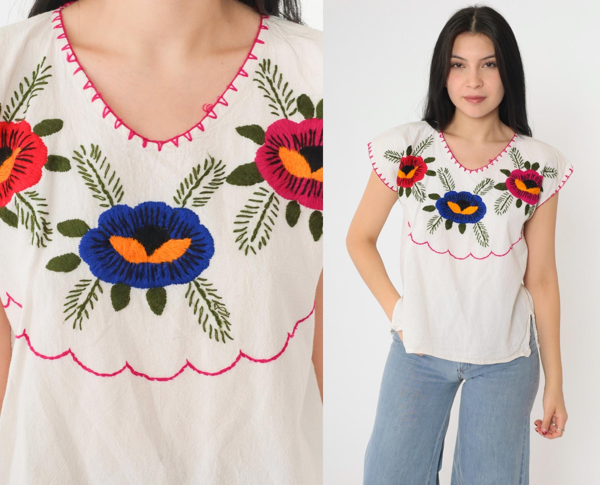 90s Mexican Floral Embroidered Blouse White Cotton Short Sleeve Medium