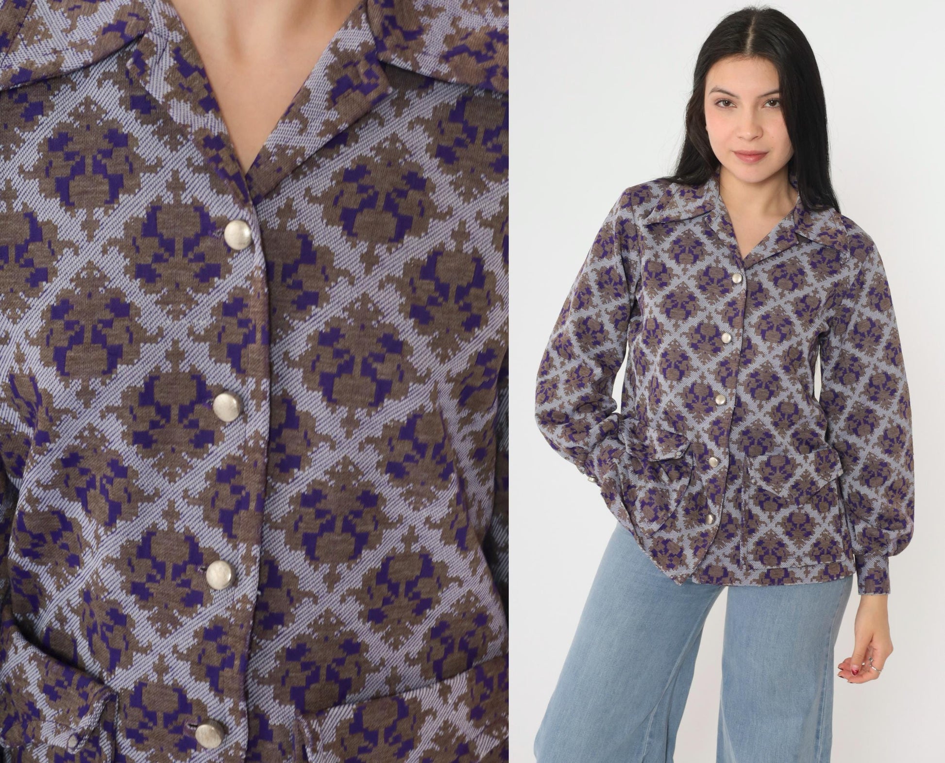 70s Geometric Damask Print Blouse Purple Brown Button Up Long Sleeve Medium M