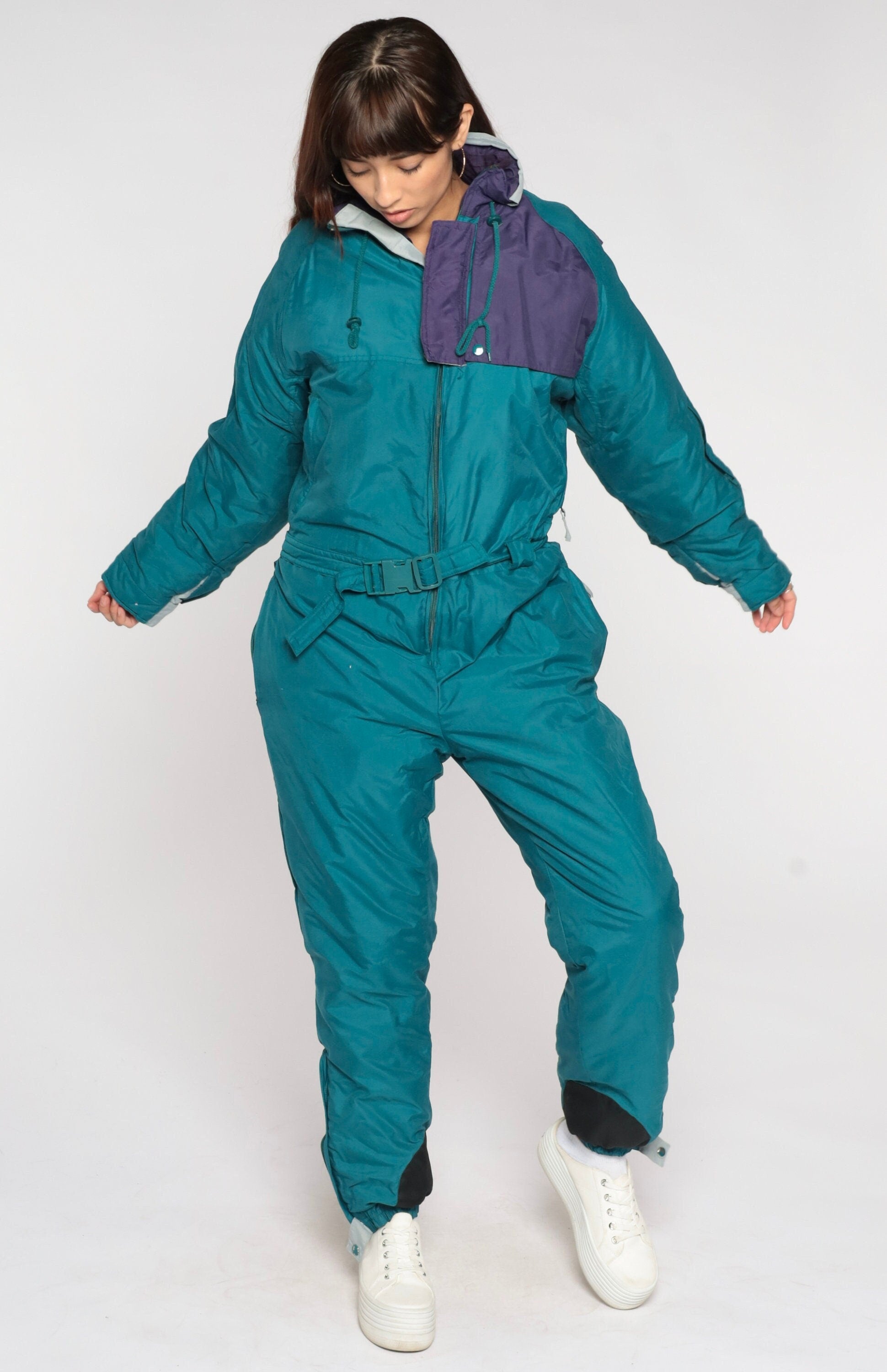 90s Teal Green Color Block Ski Suit One-Piece Jumpsuit Medium M