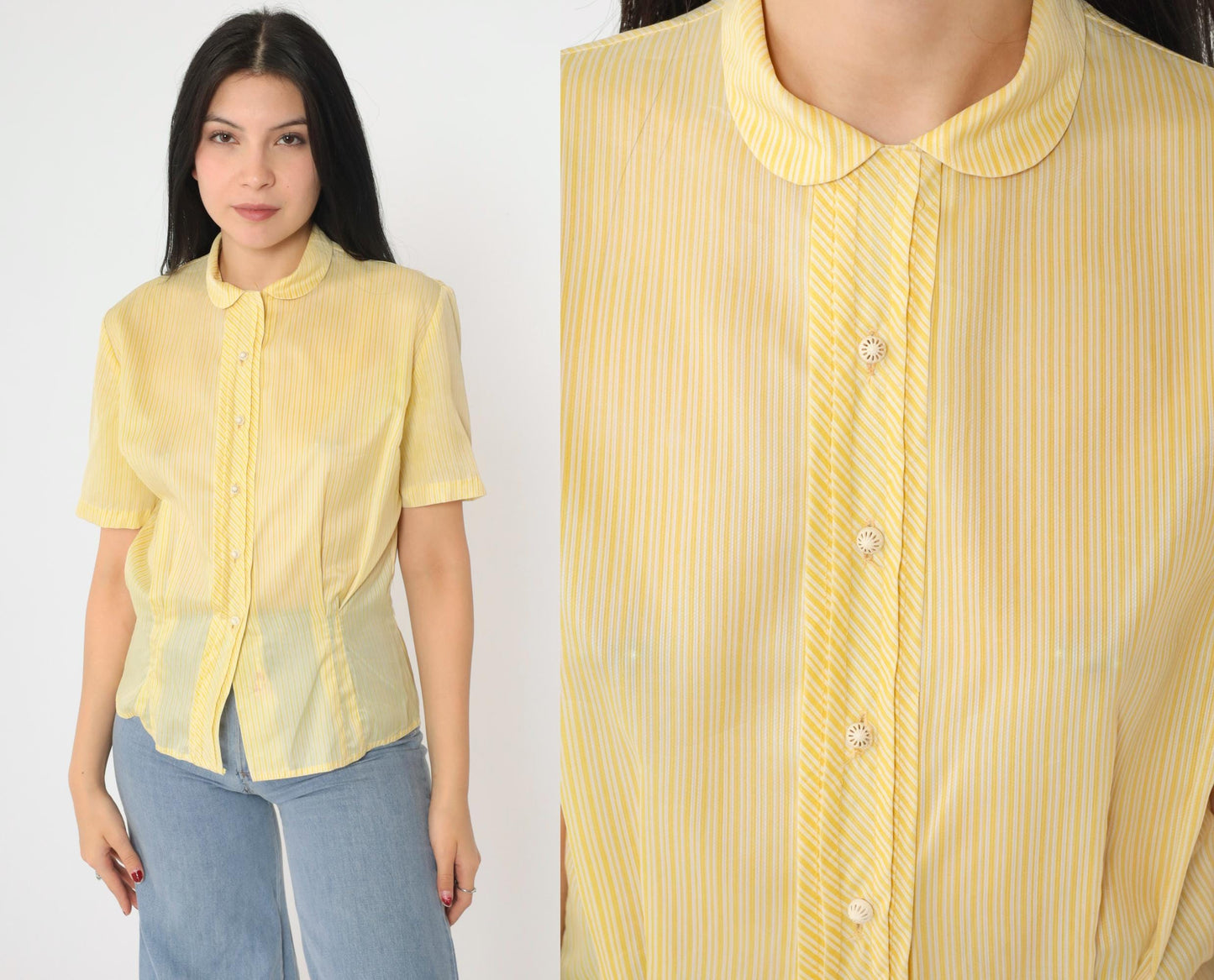 60s Dorothy Korly Sheer Striped Button-Up Blouse Yellow Peter Pan Collar Medium