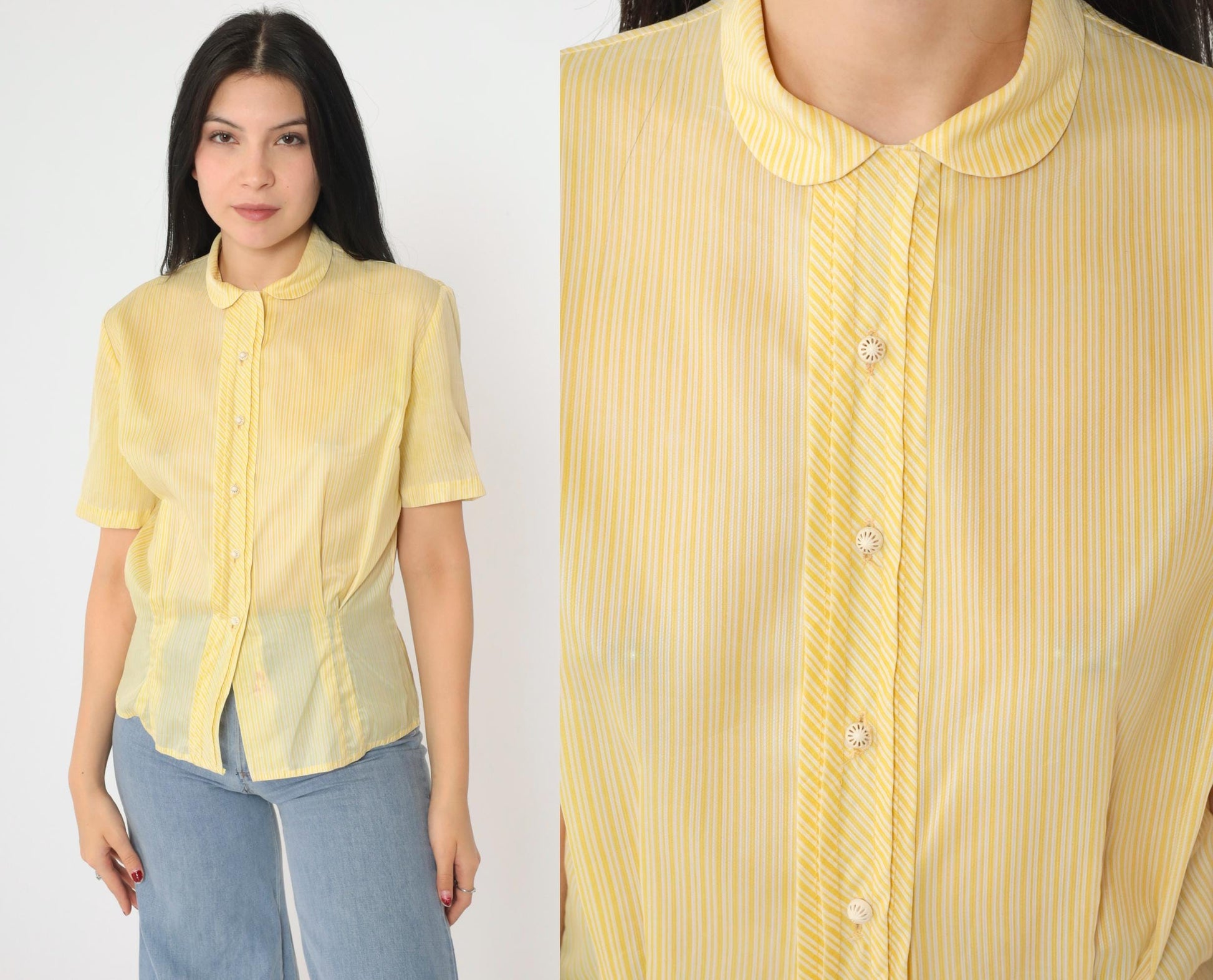 60s Dorothy Korly Sheer Striped Button-Up Blouse Yellow Peter Pan Collar Medium