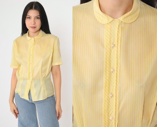 60s Dorothy Korly Sheer Striped Button-Up Blouse Yellow Peter Pan Collar Medium