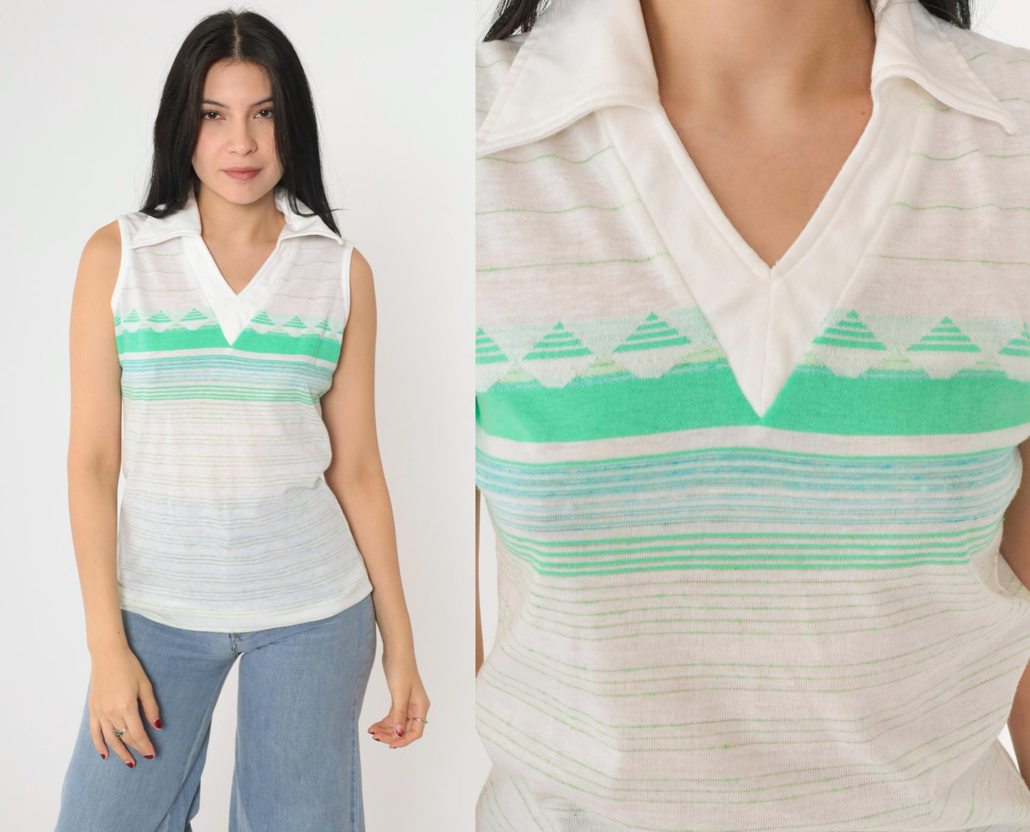 70s Jantzen Striped V-Neck Tank Top White Green Geometric Small
