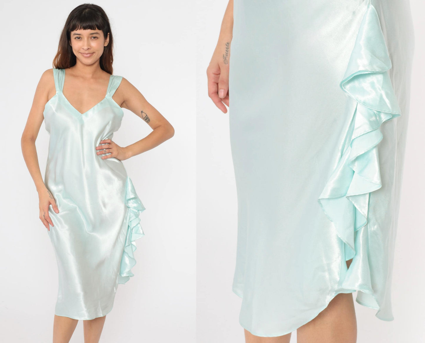 00s Victoria's Secret Ice Blue Satin Slip Dress Midi Ruffled Slit Large L